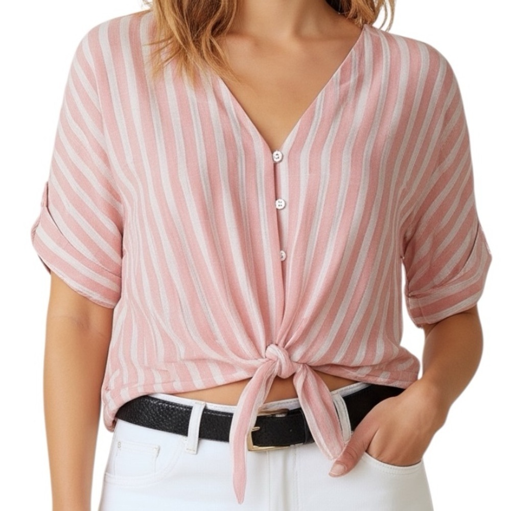 NWT ELAN Stripe V-Neck Button Up Tie Front Top Size XLarge